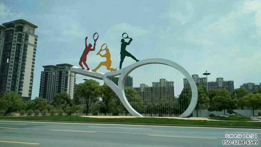 鏡面球拍雕塑 烤漆大型體育雕塑 彩繪網(wǎng)球拍雕塑
