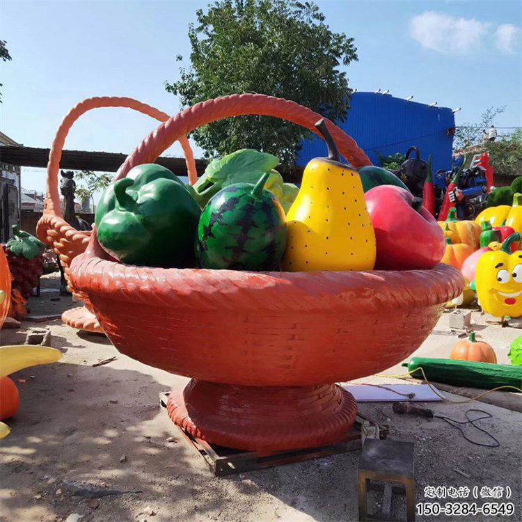 景觀果籃雕塑承接，景區(qū)案例，景觀不銹鋼果籃雕塑定制