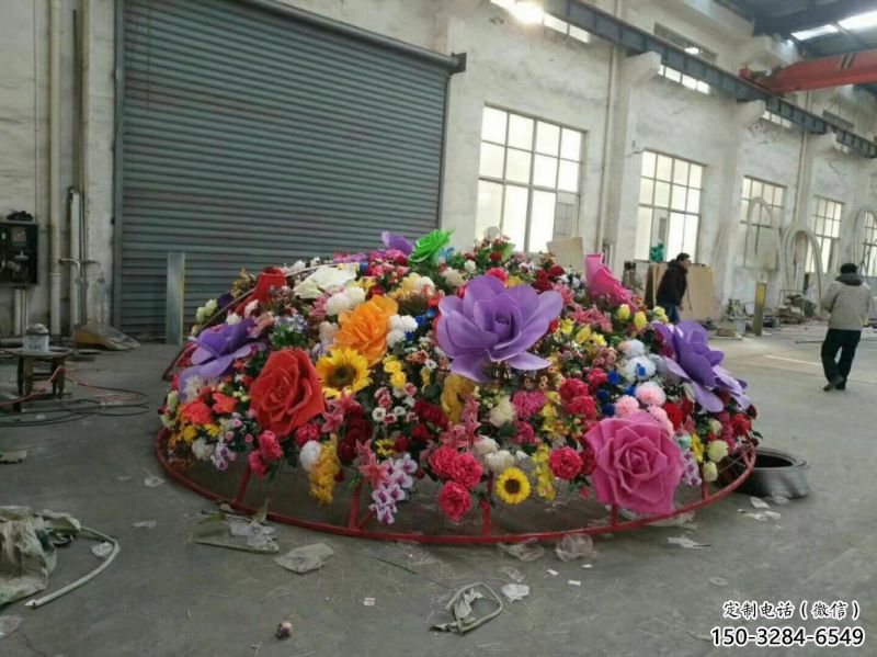金屬花籃景觀雕塑通用，城市雕塑，彩色玫瑰花花籃雕塑指用