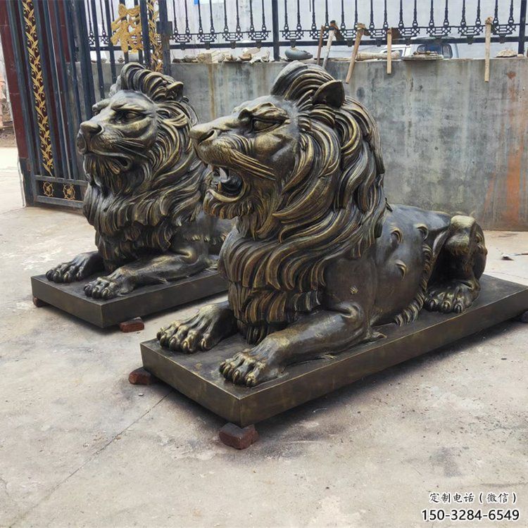仿銅獅子雕塑，玻璃鋼仿銅趴獅雕塑廠家
