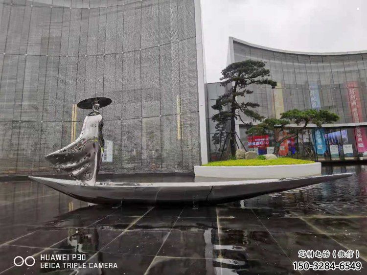 乘船人雕塑服務(wù)商，白鋼構(gòu)件，抽象不銹鋼乘船人雕塑定價