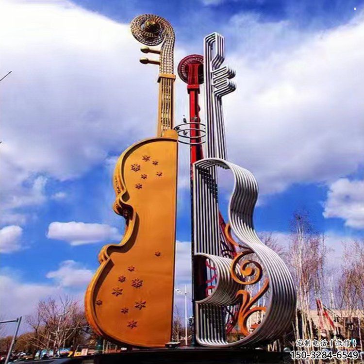 大提琴雕塑制作，村標概念，不銹鋼大提琴雕塑專供