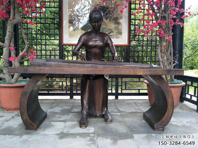 彈古箏雕塑選用，景區案例，純銅仿古制造商