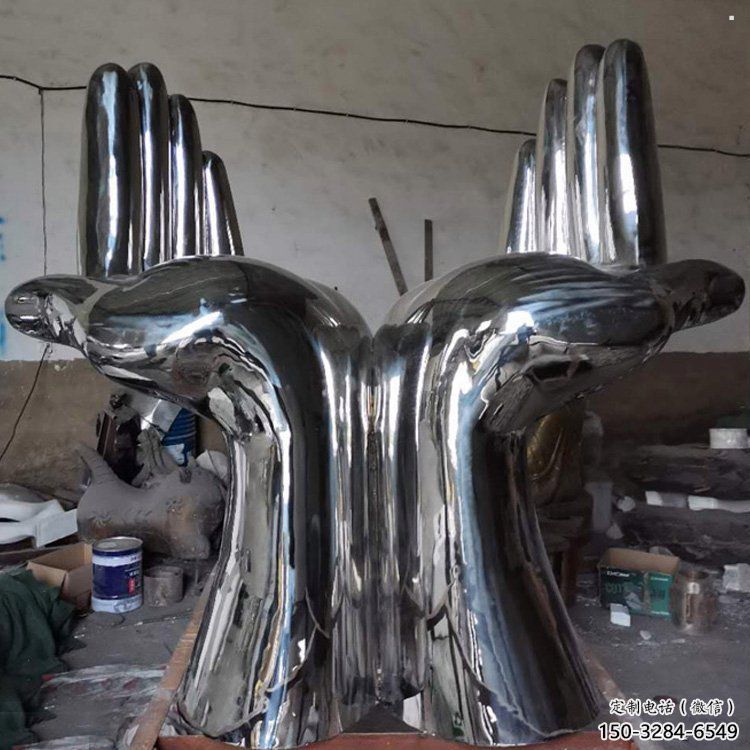 雙手雕塑廠家，酒店擺件，鏡面不銹鋼雙手雕塑訂做