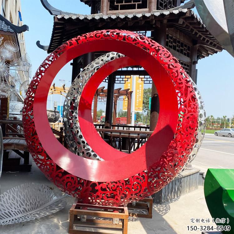 雙環雕塑生產，鏤空烤漆工藝，不銹鋼雙環雕塑制作