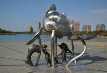黃石蓮蓬嬉戲雕塑，城市植物景觀雕塑，不銹鋼鏡面效果