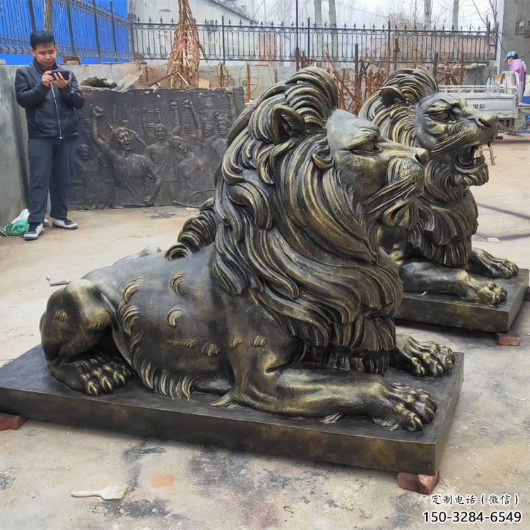 玄武大型趴獅雕塑，仿銅動物雕塑，玻璃鋼獅子雕塑制作